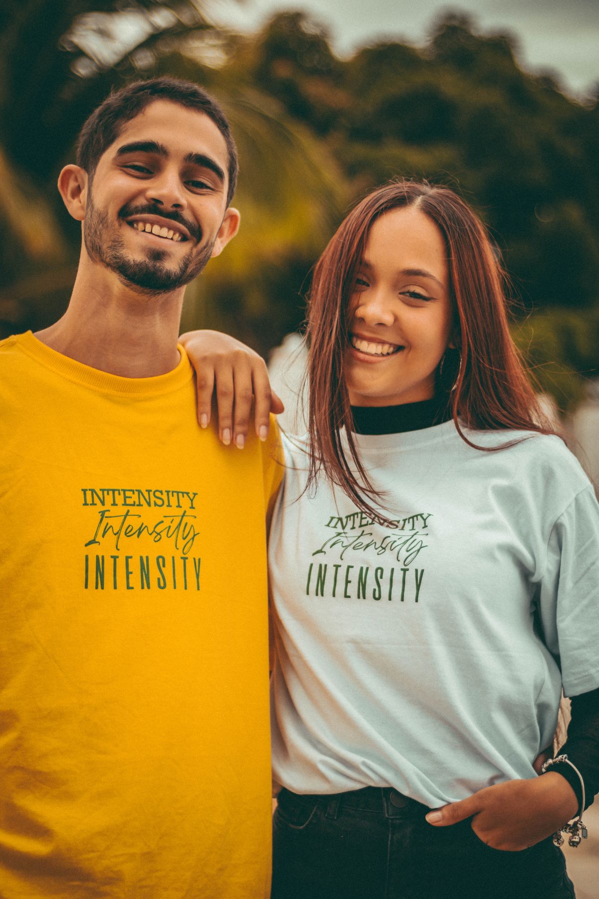 Two friends wearing custom printed t-shirts