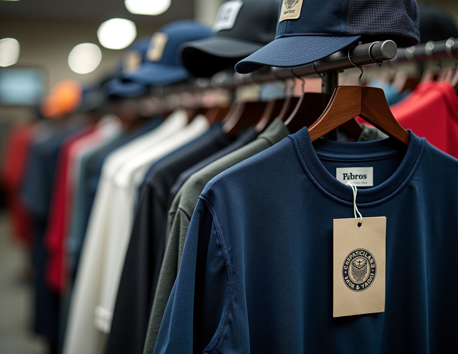 Rack of branded t-shirts and caps